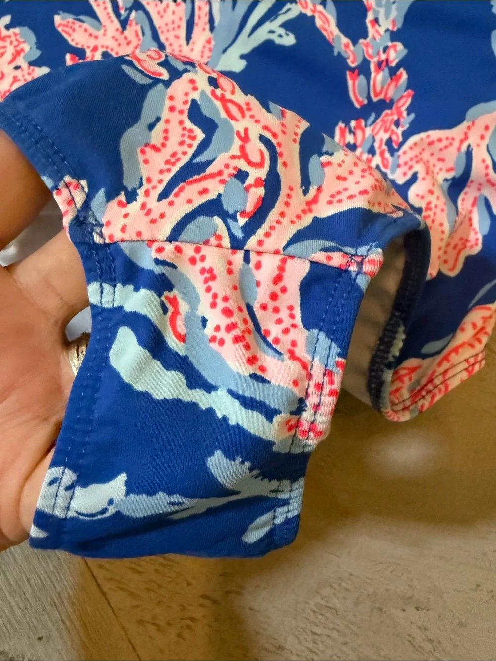 Lilly Pulitzer Borealis Blue Ruffle Swimsuit Pink Coral Print size 14 VGUC